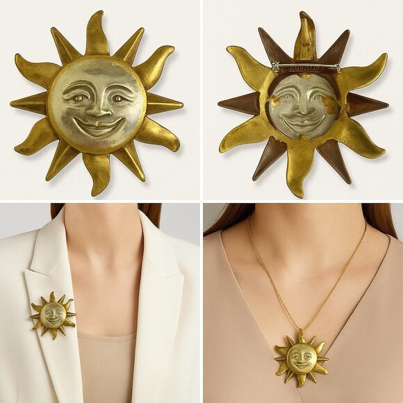 Penda Jewelry - Vintage Penda Sun Face Brooch Pin Pendant Gold & Silver Tone Jewelry